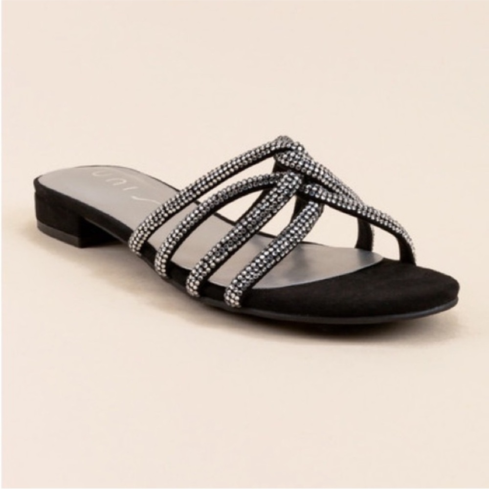 Unisa Chloe Rhinestone Slide in Black Size 8